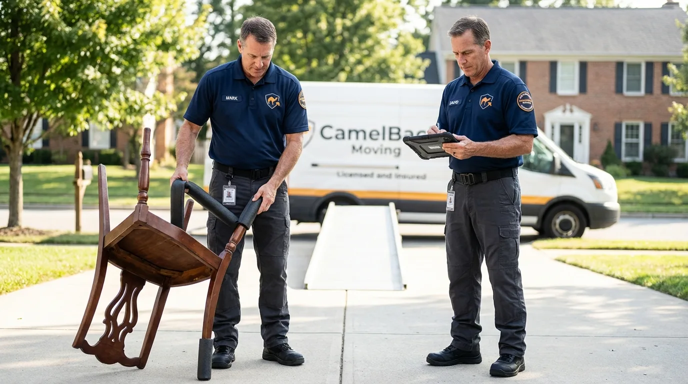 Movers inspecting furniture for damage prevention before loading in Arlington, TX
